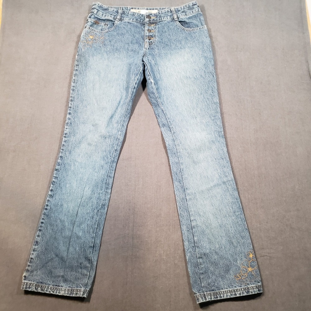 Billabong‎ Jeans Womens Size 11 Blue Floral Embroidered Button Fly Straight Leg